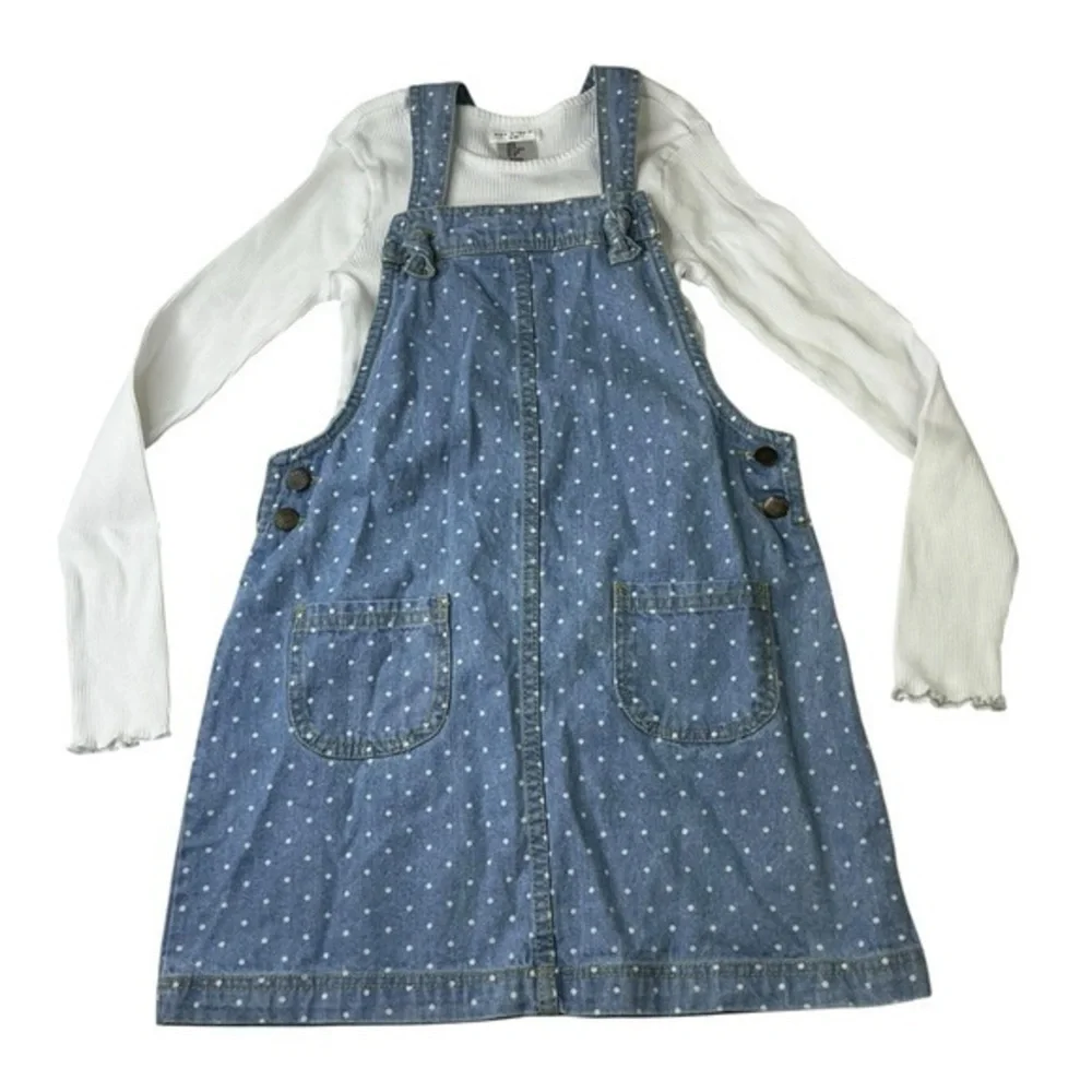 Max Studio Kids Denim Blue Overall Dress with Matching White Long Sleeve Shirt‎
